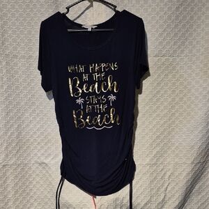 Island Shores XL Navy T-Shirt with Gold Beach Print and Gathered Sides